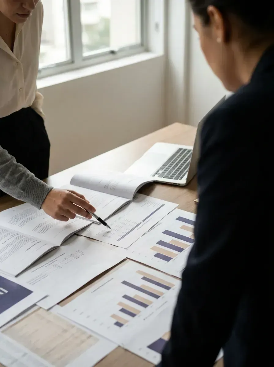 Relatórios contábeis e gráficos sendo analisados sobre a mesa
