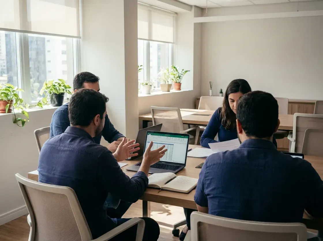 Reunião de análise contábil com relatórios sobre a mesa