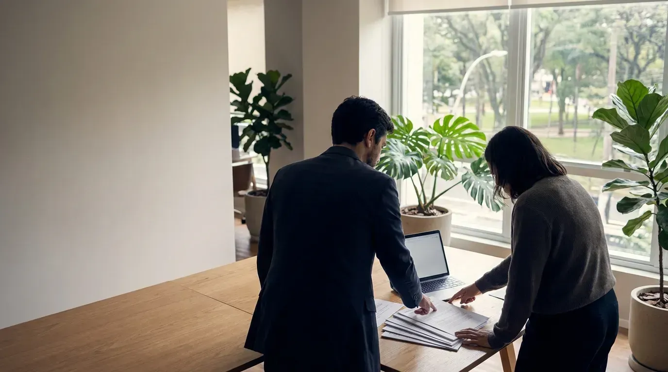 Atendimento contábil em andamento, com documentos e laptop sobre a mesa