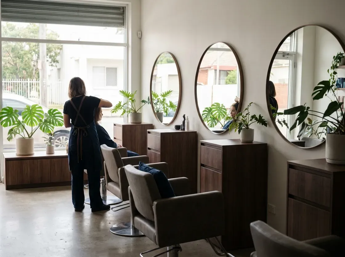 Interior de salão de beleza com cadeiras, espelhos e luz natural da vitrine