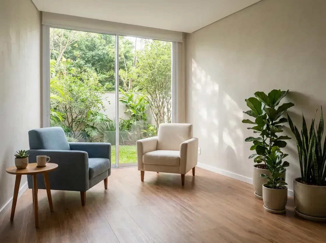 Consultório de psicologia com poltronas frente a frente e ampla janela com luz natural