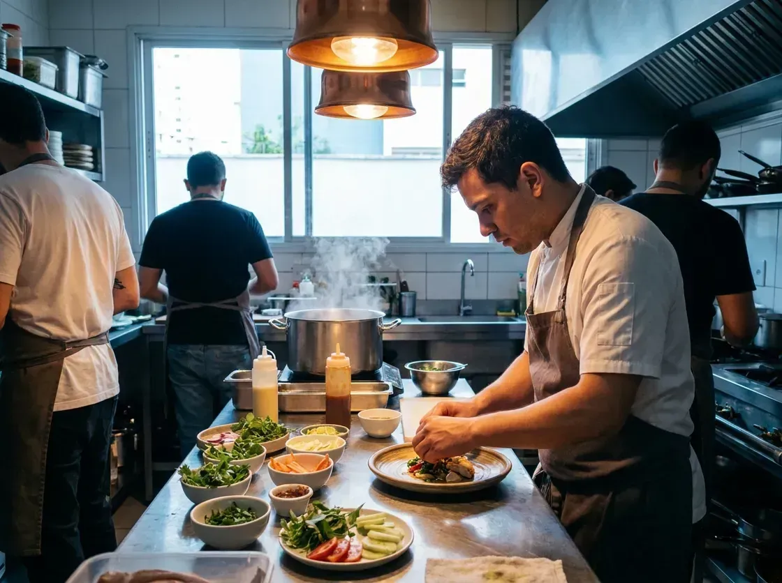 Cozinha de restaurante em operação, com cozinheiro finalizando o empratamento