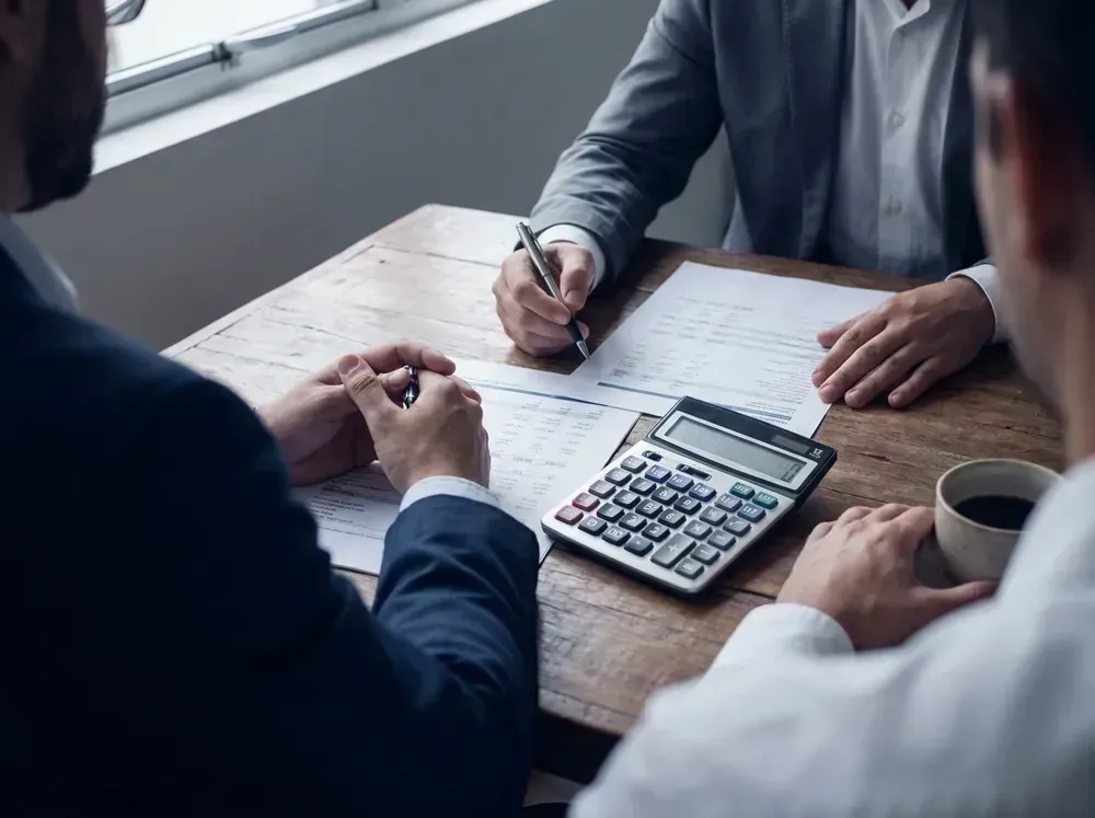 Atendimento contábil em andamento, com documentos sobre a mesa