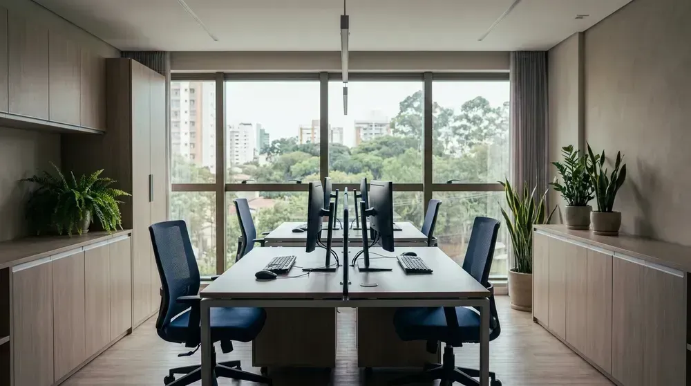 Ambiente de escritório contábil, com estações de trabalho e luz natural